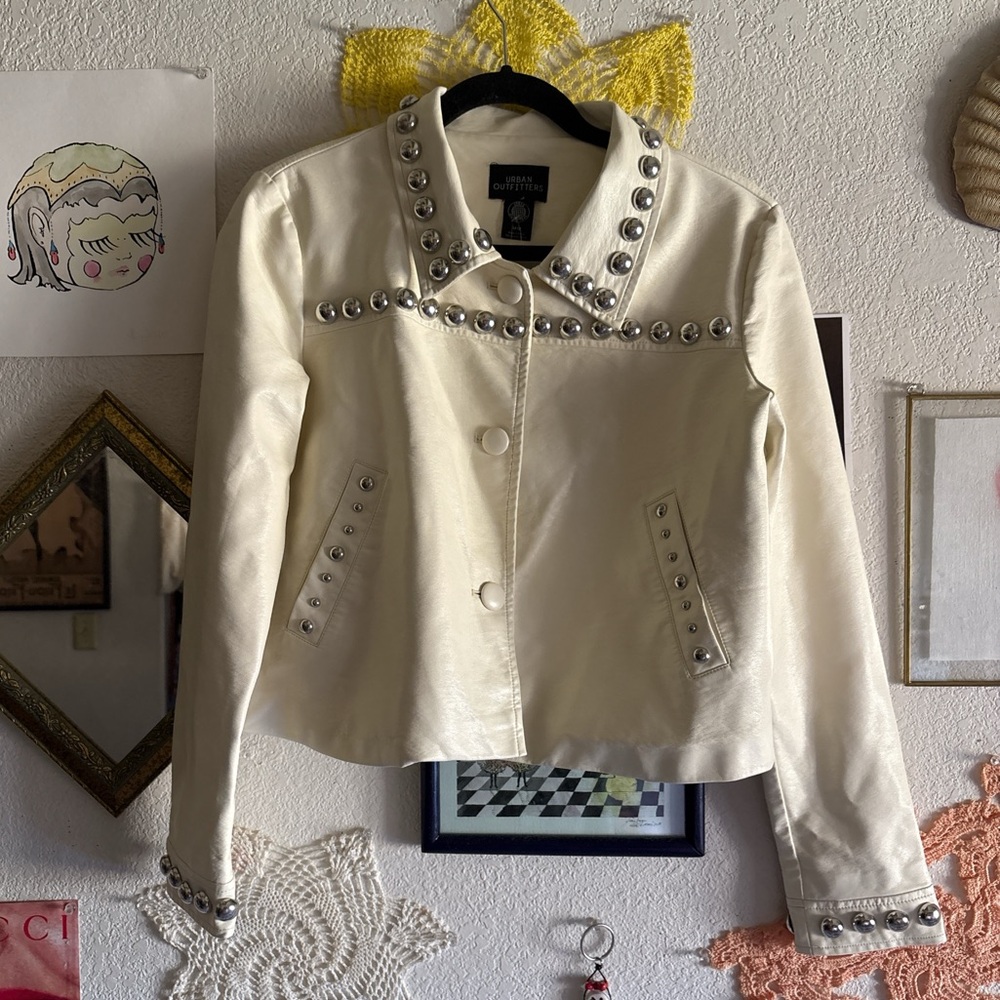 Urban Outfitters Silver Studded Cream Leather Jacket